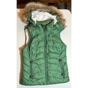 Green Tea Women's Puffer Vest M Green Faux Fur Hood Winter Casual